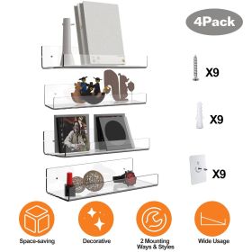 4 Pack 15In Clear Acrylic Floating Shelves Bookshelves with 2 Mounting Ways Wall Mounted Organizer for Kitchen Bathroom Study Living Room Bedroom Offi