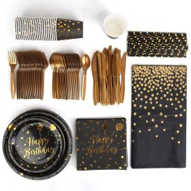 201PCS Black Gold Birthday Party Supplies For 25 Guests Happy Birthday Disposable Dinnerware Set Paper Plates 9OZ Cups Straws Napkins Forks Knives Spo