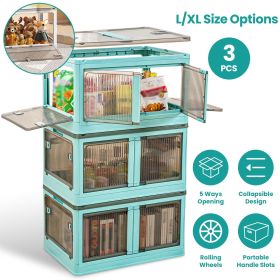 3Pcs Foldable Storage Bins with Lid 4 Doors Collapsible Stackable Closet Organizer Containers with Lock 4Pcs Wheels (Color: Green, size: XL)