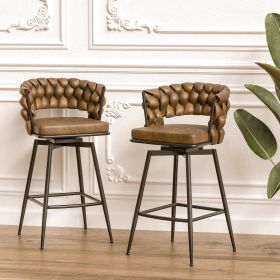 Technical Leather Woven Bar Stool Set of 2,Black legs Barstools No Adjustable Kitchen Island Chairs (Color: as Pic)